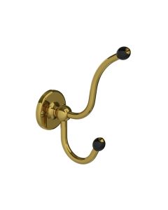 Lefroy Brooks Classic Double Robe Hook With Black Acorns - Polished Brass - Small Image