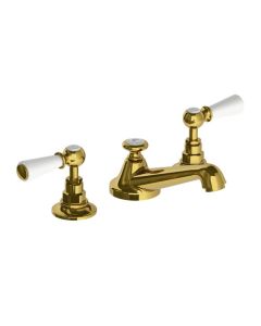 Lefroy Brooks Classic White Lever 3 Hole Basin Mixer & Puw - Antique Gold - Small Image